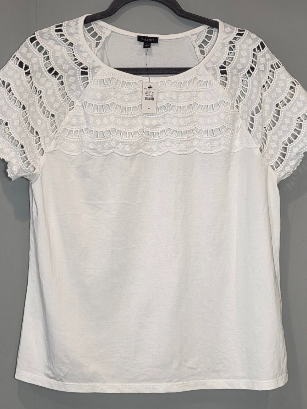 NWT Talbots Crochet Tee LG White Cotton Boho Cottage Casual Coastal